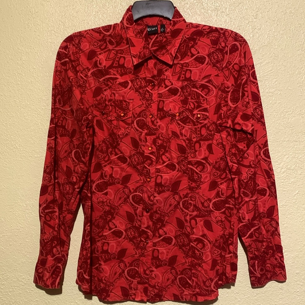 Cruel Top Blouse L Red Floral Paisley Print Long Sleeve Cotton Pearl Snap Button